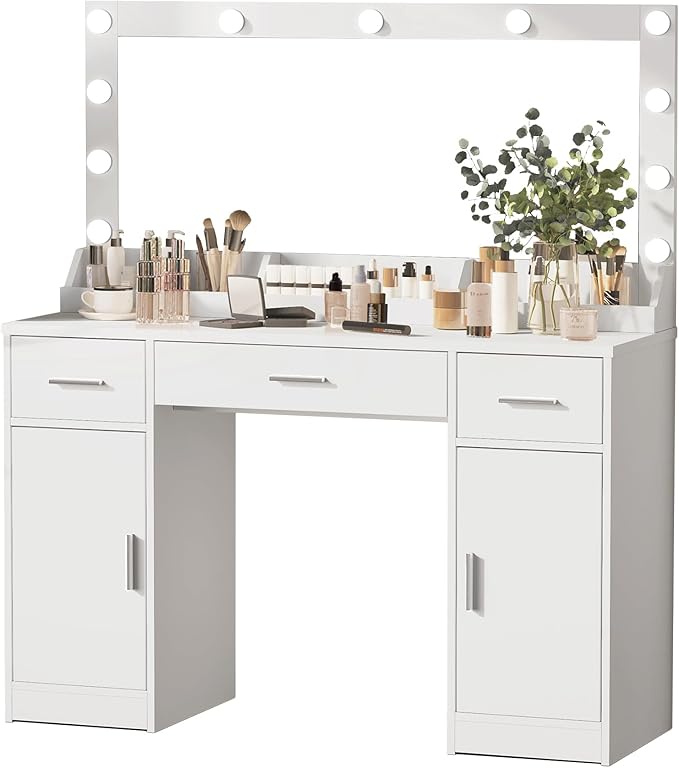 MIRROTOWEL 47.5” Vanity Desk with Large Mirror, 3 Colour Lighting Modes, Adjustable Brightness, Dresser with 3 Drawers & 2 Vertical Cabinets, Makeup Vanity Table for Women Girls