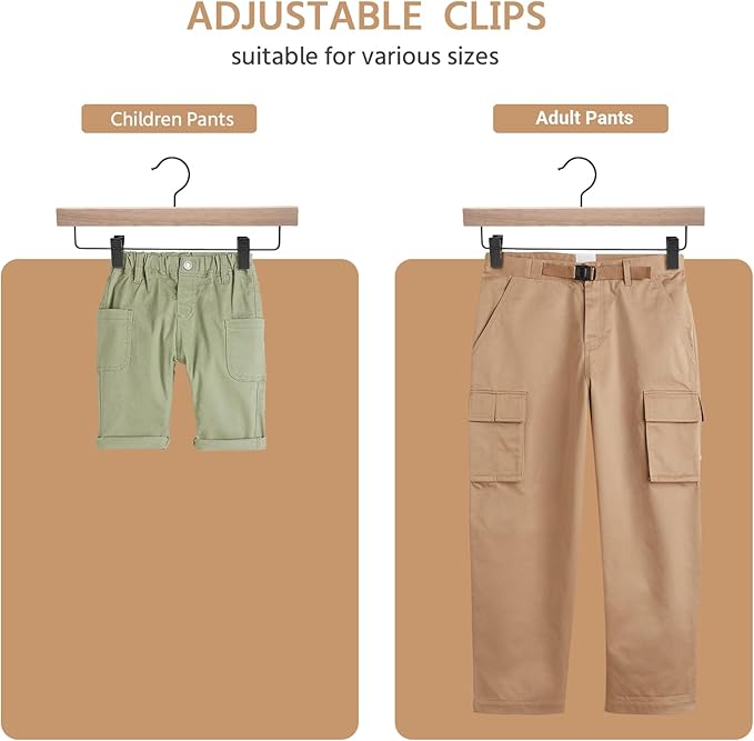 Nature Smile Deluxe Wooden Pants Hangers,Solid Rubber Wood Jeans Skirt Hanger Without Painting,with Adjustable Black Clips and Rotatable Hook,Pack of 10(Natural unvarnished)