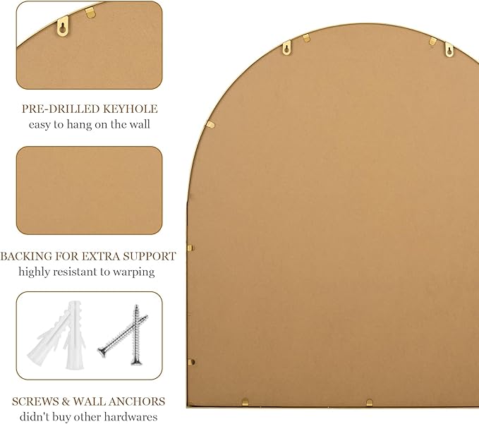 33x31 Inch Arched Bathroom Mirror, Antique Gold Wall Mirror Metal Beaded Frame, Vanity Mirror for Dresser Living Room Bedroom Mantel Entryway Hallways