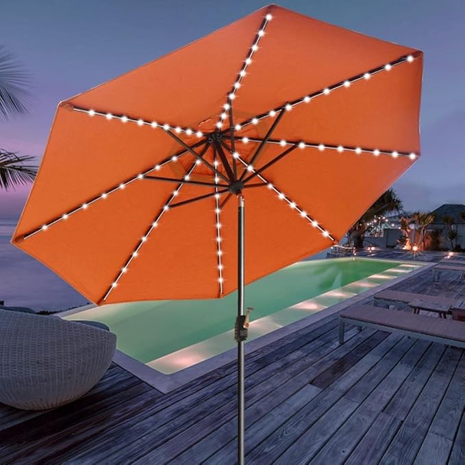 EliteShade USA 10-Year-Non-Fading Solar 9ft Market Umbrella with 80 LED Lights Patio Umbrellas Outdoor Table Umbrella with Ventilation,Rust