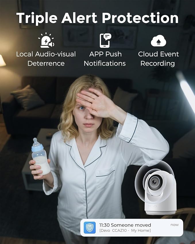 Devo Indoor Smart Cameras for Home Security 2K, 355 Pan-Tilt Human Pet Dog Baby Monitor Camera with Phone App, WiFi Home Camera Motion Detection, Color Night Vision 2-Way Audio, 256GB SD Card & Cloud
