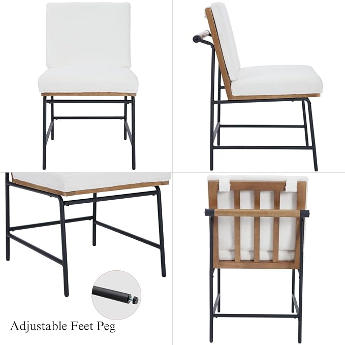 DUOMAY Mid-Century Modern Dining Chairs Set of 4, Sherpa Upholstered Side Chair with Rear Handle, Armless Chair with Metal Legs for Kitchen Dining Room Living Room Vanity, White