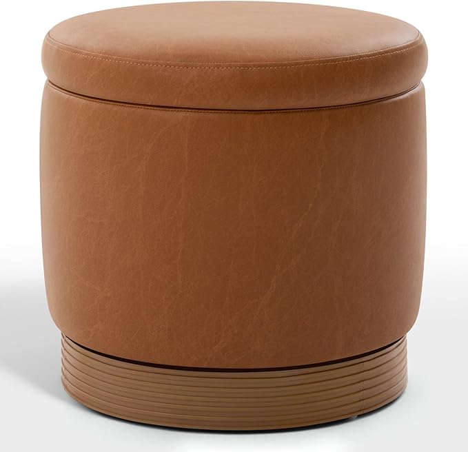 Round Storage Ottoman,Swivel Vanity Stool-Leather Foot Rest,Upholstered Footstool Pouf with Sturdy Acacia Wood Frame(500 lbs),Small Coffee Table & Hidden Storage Ottoman for Living Room