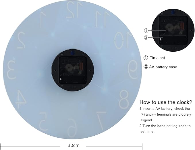 Lafocuse 12 Inch Silent Blue Wall Clocks Battery Operated for Bedroom, Blue Glass Wall Clock for Living Room Kitchen Decor