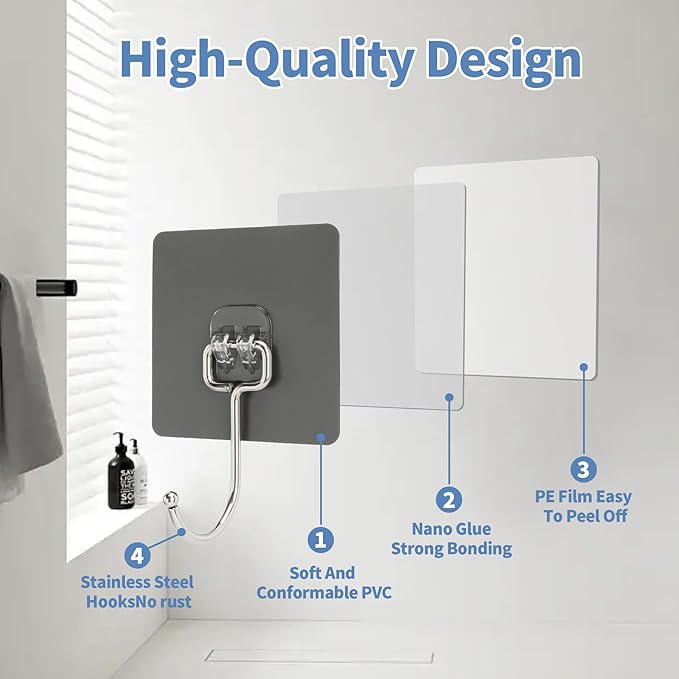 Adhesive Wall Hooks for Hanging - 60lb Heavy Duty Waterproof & Rustproof, Sticky Hooks for Walls No Damage, Kitchen/Bathroom/Rental (Ganchos para Pared) 10-Pack