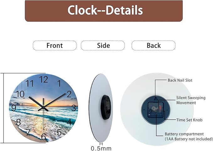 Blue Beach Wall Clock for Bedroom Glass Wall Clocks Battery Operated 12 Inch Analog Wall Clock Silent