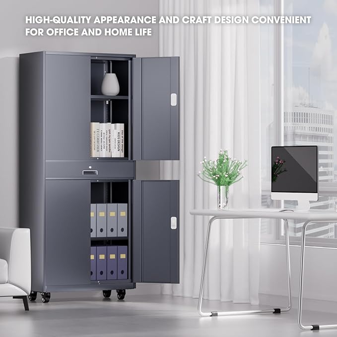 DNA Motoring 73'' Metal Storage Cabinet, Rolling Garage Cabinet with 1 Drawer and Adjustable Shelves, Lockable Heavy Duty Metal Locker for Garage,Office,Home,Gym, Gray, TOOLS-00630-GY-GY-A