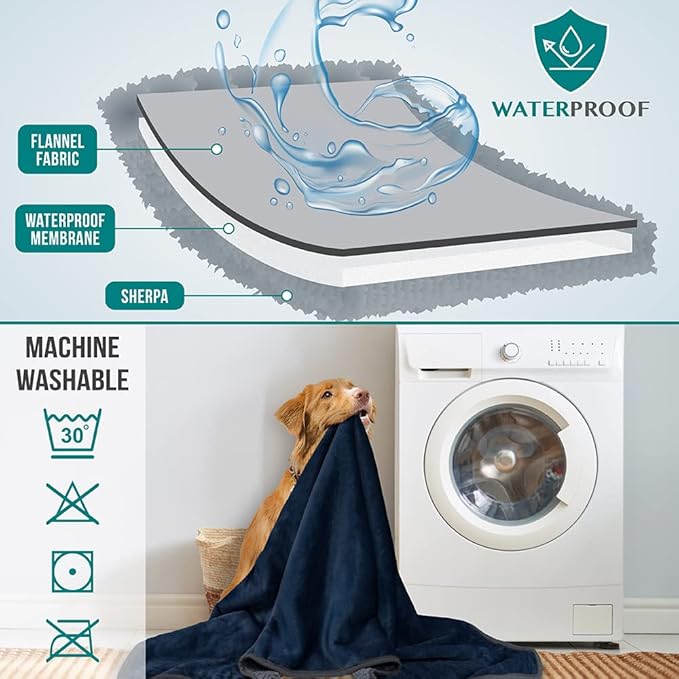PetAmi Waterproof Dog Blanket for Medium Large Dogs, Pee Proof for Couch Bed, Reversible, Soft Fleece, Washable, 40x60 Navy/Gray