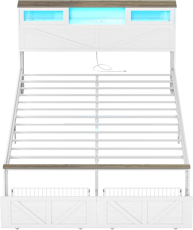 Yoobure Farmhouse Queen Bed Frame with Headboard - Bed Frame Queen Size with Charging Station & LED Lights, Wood Bedframe Queen-Size with 2 Storage Drawer, Platform Beds, No Box Spring Needed, White