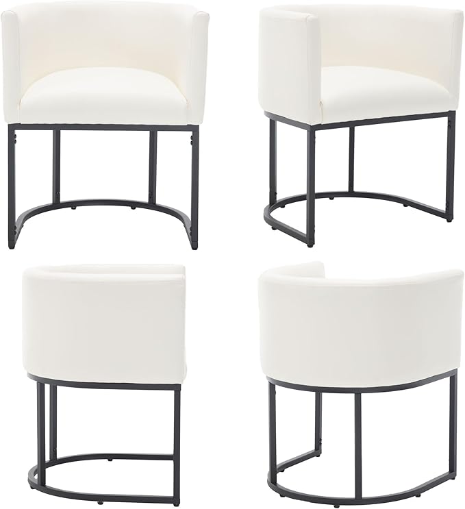 Faux Leather Dining Chairs Set of 3 Modern Barrel Arm Chairs with Black Metal Frame, Upholstered Kitchen Chairs 18.5" Wide Accent Chairs for Living Room Dining Room Restaurant, White