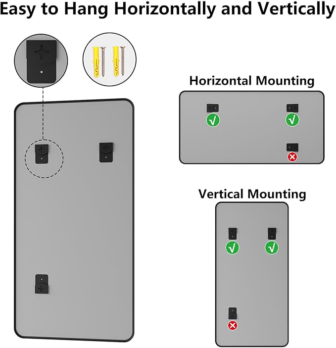 Koonmi Bathroom Mirror, 36X71 Brushed Black Rectangle Wall Mirror, HD Tempered Glass, Anti-Rust Frame Vanity Mirror, Rounded Rectangle Mirror for Restroom, Bedroom, Hangs Horizontal or Vertical