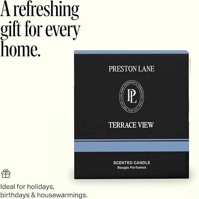 Preston Lane Luxury 3-Wick Scented Candle, Terrace View, 24 oz Hand-Poured in USA | Long Burn Time (40–50 Hrs), Vegan Soy Wax Blend, Decorative Ceramic Vessel, Fine Italian Fragrance