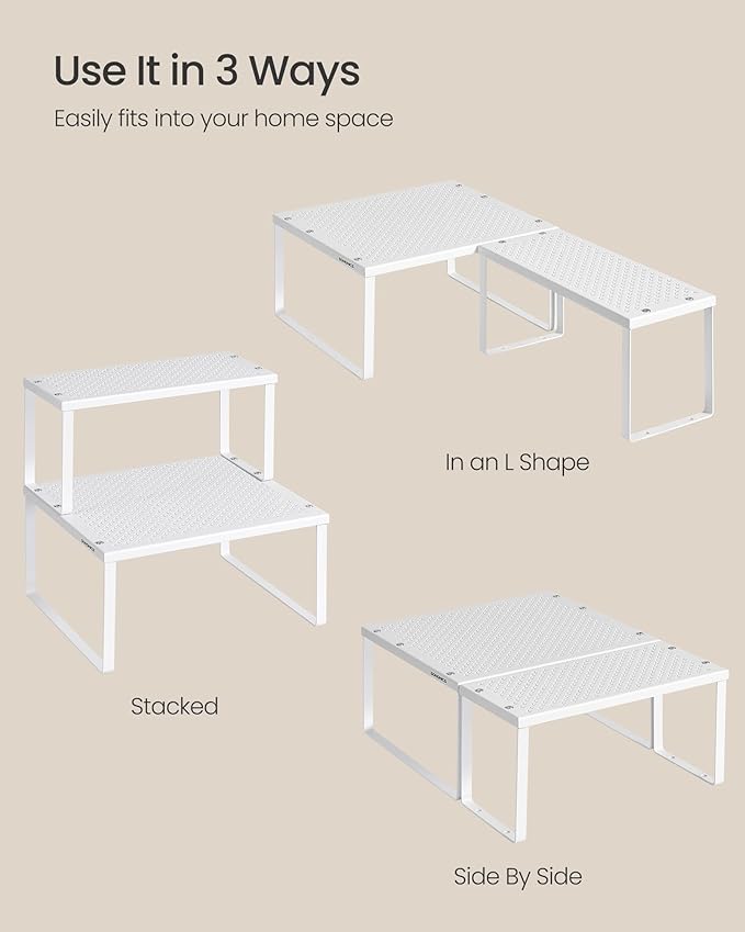 SONGMICS Spice Racks, Set of 2 Metal Cabinet Shelf Organizers, Countertop Organizers, Shelf Risers, Stackable, Expandable, White UKCS005W01