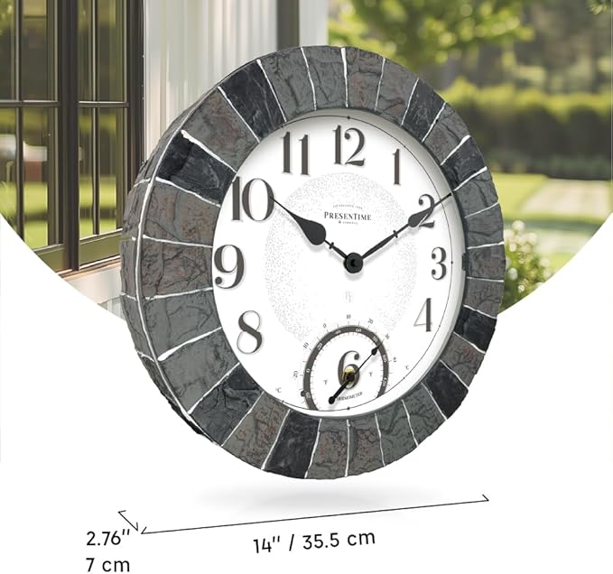 Presentime & Co 14" Illuminated in/Outdoor Clock with Smart Sensor and Night Light, Waterproof, Large Wall Clock with Thermometer, for Garden and Patio -Faux Slate.