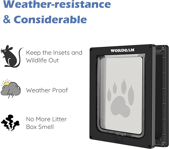 Wordcam X-Large Cat Door, Strong Cat Door for Interior Exterior Doors, 4 Way Locking Pet Door for Cats Up to 25lbs, Cat Flap for Kitten Doggies, Easy Installation, Weatherproof (Black,XL)