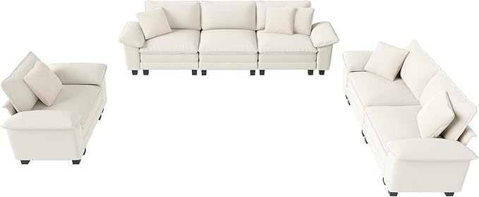 U-Shaped Cloud Modular Sofa Set, Deep Seat 3-Piece 6-Seater Sectional Couch & Removable Arms, Plush Chenille for Living Room - Beige