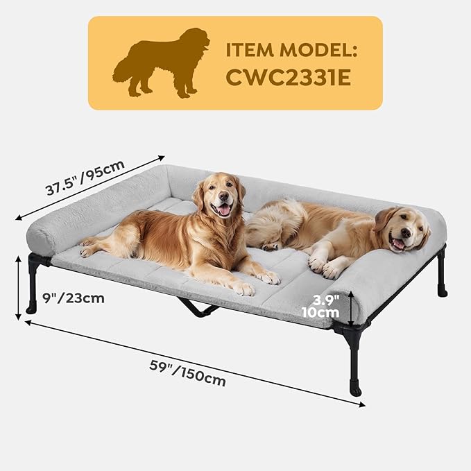 Veehoo Cooling Elevated Dog Bed with Fluffy Plush Bolster Cushion, Indoor Raised Dog Beds for Large Dogs, Soft Pet Sofa Cot with Removable Washable Mat, No-Slip Feet, 59 x 37 inches, Grey