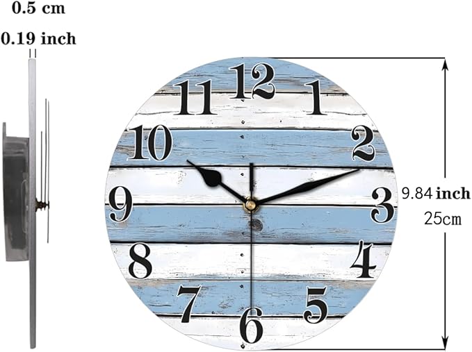 Coastal Country Wooden Wall Clock Battery Operated 10 in Round Wall Clocks Slilent Non Ticking Quartz Analog Clock for Bedroom Kids Living Room Classroom Decor
