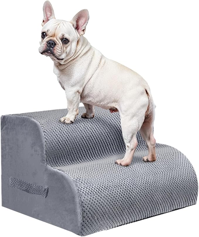 PAWSCART Dog Stairs for Small Pets, 11.8" H with 30D Material Soft Foam, Portable Ramp Non-Slip Surface Non-Slip for Couch and High Bed Climbing, 2-Step Stairs for Cat or Dog, LightGrey