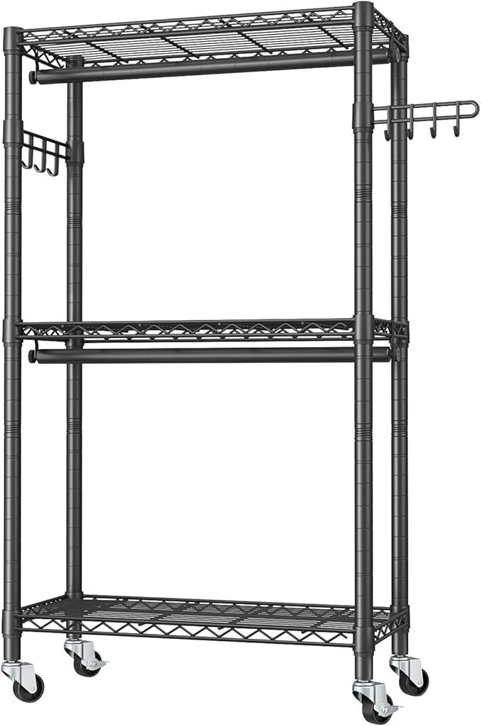 Heavy Duty Clothes Rack Rolling Garment Rack,3 Tier Adjustable Wire Shelving Clothing Racks for Hanging Clothes with Double Rods&Side Hooks,Freestanding Wardrobe Storage Rack Metal Portable Closet