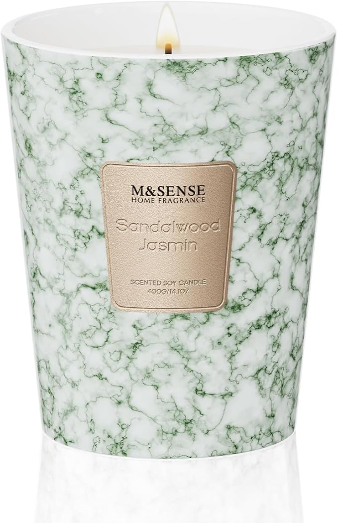 M&SENSE Sandalwood Jasmin Scented Soy Candle, 3 Wick Highly Scented 14.1 Oz 80H, Aromatherapy Christmas Gift for Women and Men