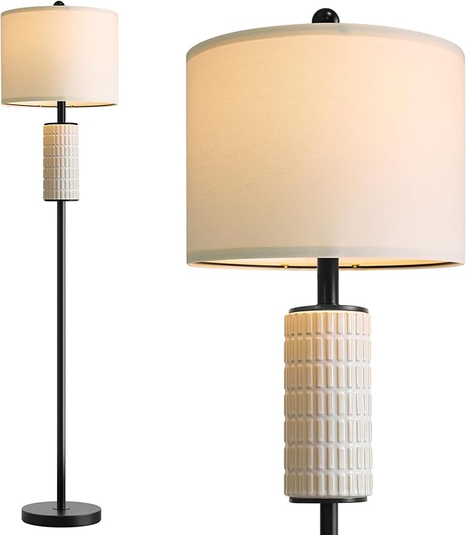 PoKat Ceramic Floor Lamps for Living Room, 64" Modern Standing Lamps for Bedroom, Farmhouse Tall Floor Lamps for Living Room Dinning Reading Home Office, Nursery, Rotary Switch, Matte Black