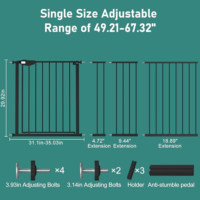 ALLAIBB Triple Lock Extra Wide Baby Gate Pressure Mounted Walk Through Safe Auto Close Black Metal Dog Pet Puppy Cat for Stairs,Doorways,Kitchen 49.21-67.32"