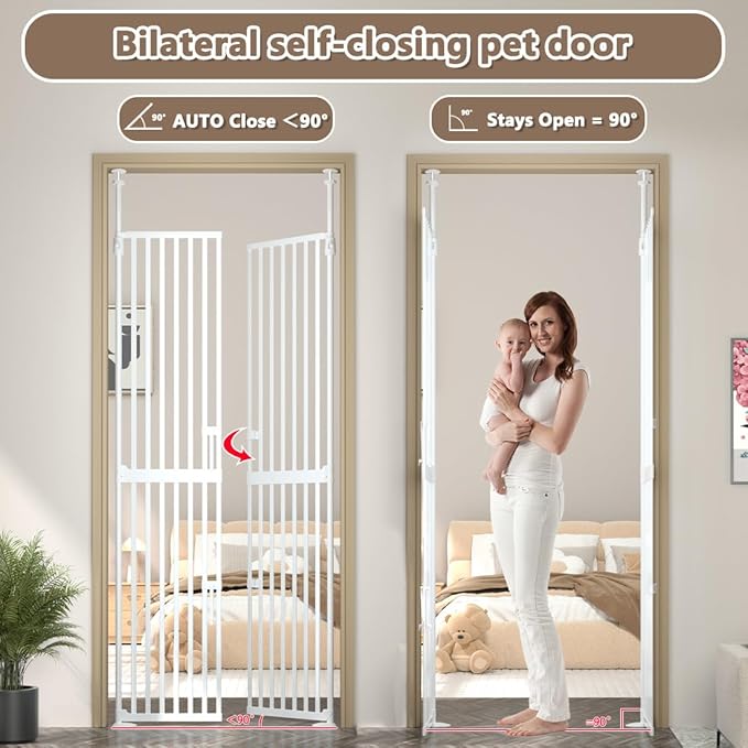 71" High Extra Tall Cat Gate, 34-36 Inch Tall Pet Gates, Auto Close Kitten Safety Gates, Double Pet Door for Doorway, Indoor Pet Barrier, No Drilling, Cats Proof Gate, Kitchen