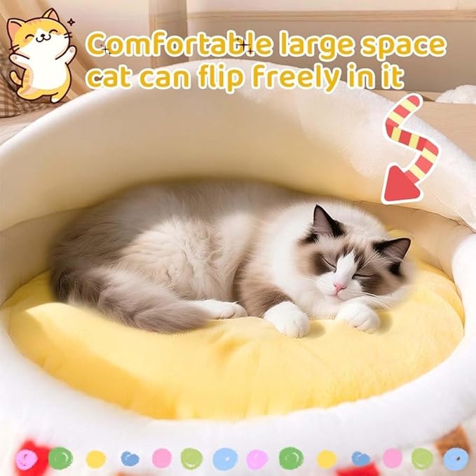 Plush Cat Bed for Indoor Cats,Calming Cozy Cave with Self-Warming,Cat Cave Pet Sleeping Bag for Puppy and Kitty,Shell Shaped Washable Pet Bed for Small Cats & Dogs (Yellow,L-27 x 27 x 4 in)