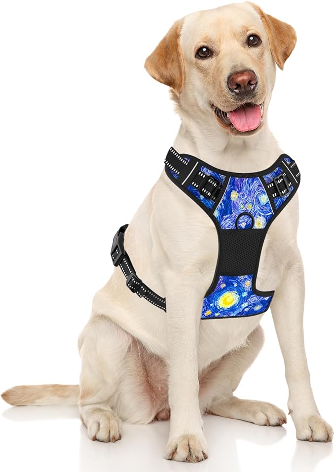 Rnivvi No Pull Dog Harness, Cute Reflective Large Sized Puppy Harness, Adjustable Soft Padded Vest for Large Dogs, Heavy Duty Pet Vest with Easy Control Handle for Walking Training, Starry Night