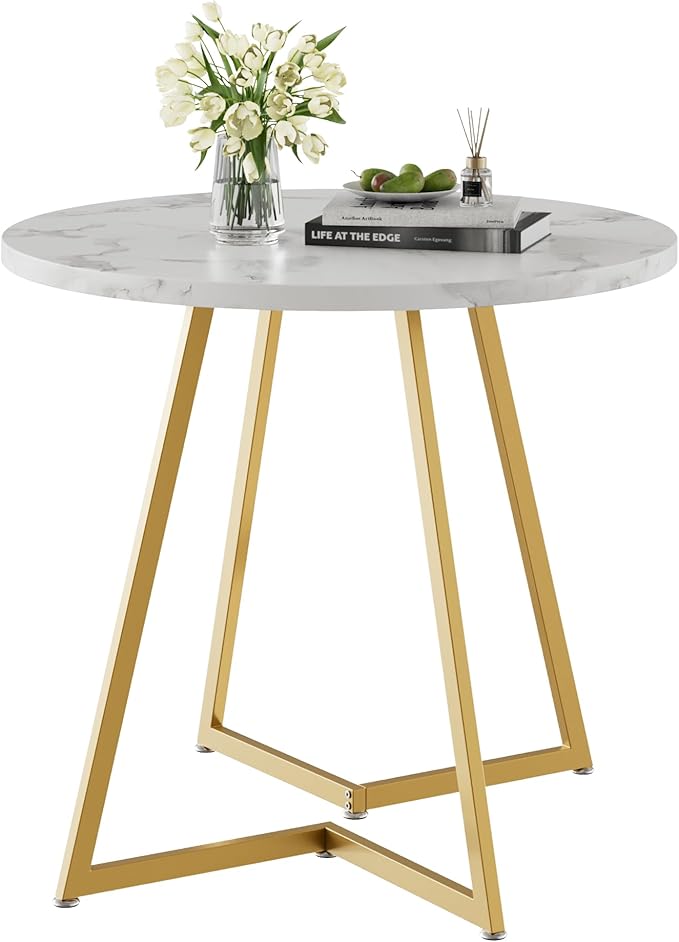 VECELO Round Dining Room Table with Wood Grain Tabletop and Steel Frame, for Kitchen, Living Room, Office, Conference, 2 to 4 Person, White & Gold