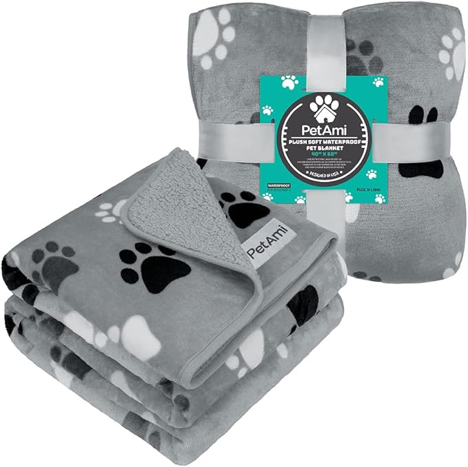 PetAmi Waterproof Dog Blanket for Medium Large Dogs, Pee Proof for Couch Bed, Reversible for Puppy Indoor Cat, Soft Fleece Washable, 40x60 Paw Gray