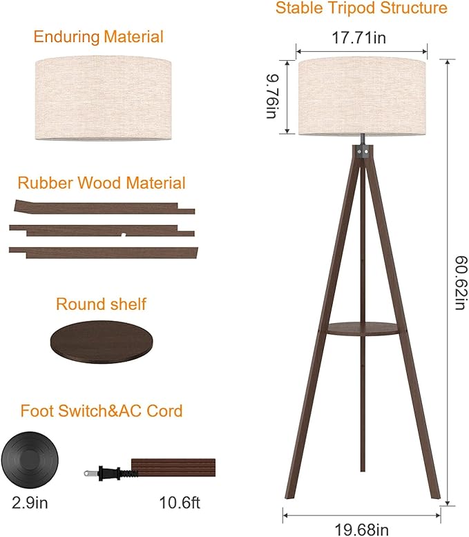 LEPOWER Mid Century Wood Standing Lamp, Modern Design Shelf Floor Lamp for Living Room, Bedroom, Office, Flaxen Shade with E26 Base, Perfect for Reading or Ambient Lighting Dark Brown
