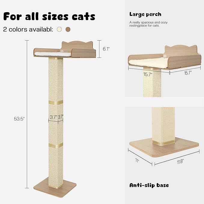 Cat Window Perch with Thick Sisal Scratching Post, Cat Hammock for Window, 53.5" Adjustable Tall Cats Scratching Post with 2 Upgrade Suction Cups, Cats Window Bed with Fuffy Cushion, Sisal
