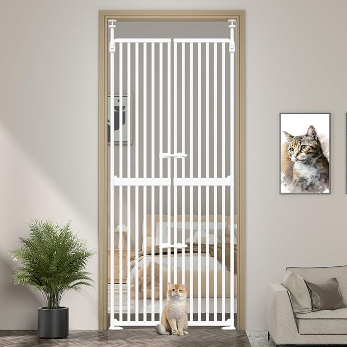 71" High Extra Tall Cat Gate, 34-36 Inch Tall Pet Gates, Auto Close Kitten Safety Gates, Double Pet Door for Doorway, Indoor Pet Barrier, No Drilling, Cats Proof Gate, Kitchen
