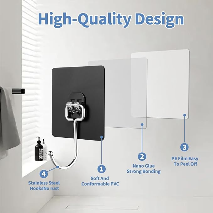 Adhesive Wall Hooks for Hanging - 60lb Heavy Duty Waterproof & Rustproof, Sticky Hooks for Walls No Damage, Kitchen/Bathroom/Rental (Ganchos para Pared) 10-Pack