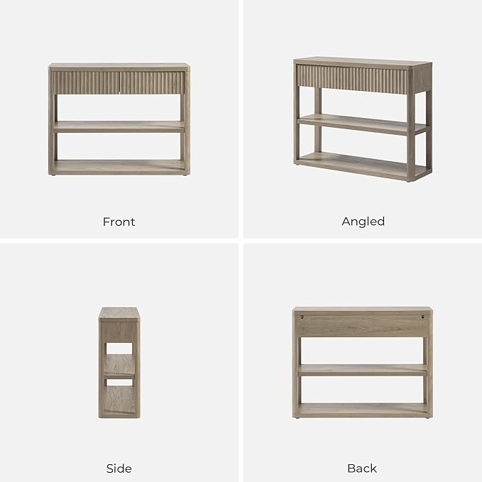 SICOTAS Fluted Entryway Table with Storage, 44.13" W Console Table with 2 Drawers & 2 Tier Storage Shelves, Modern Sofa Table Behind The Couch for Living Room, Entrance, Hallway, Foyer, Grey Alder