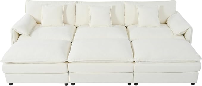 109.45" Oversized Extra Deep Seat Modern Chenille Cloud Couch, Large 3 Seater Modular Sofa for Living Room,Convertible Sofa Bed,Bedroom Apartment Office (White, 109.45 Inch+3Ottoman)