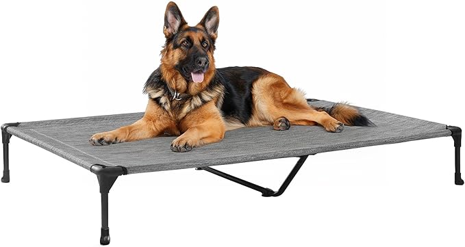 Veehoo Outdoor Elevated Dog Cot Bed, Cooling Raised Pet Bed for X-Large Dog, Washable Breathable Mesh Hammock Bed with No-Slip Feet, Indestructible Ground Off Training Platform Cot-49"x33"Black Silver