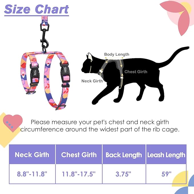 PUPTECK Adjustable Cat Harness and Leash Set Escape Proof Kitten Strap Collar for Walking Travel, Printed Pink