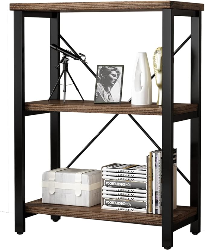 3 Tier Industrial Solid Wood Bookcases, Open Etagere Bookshelf with Metal Frame, Rustic Wood and Metal Shelving Storage Organizer for Living Room Book Shelves Furniture (AY01-3tier)