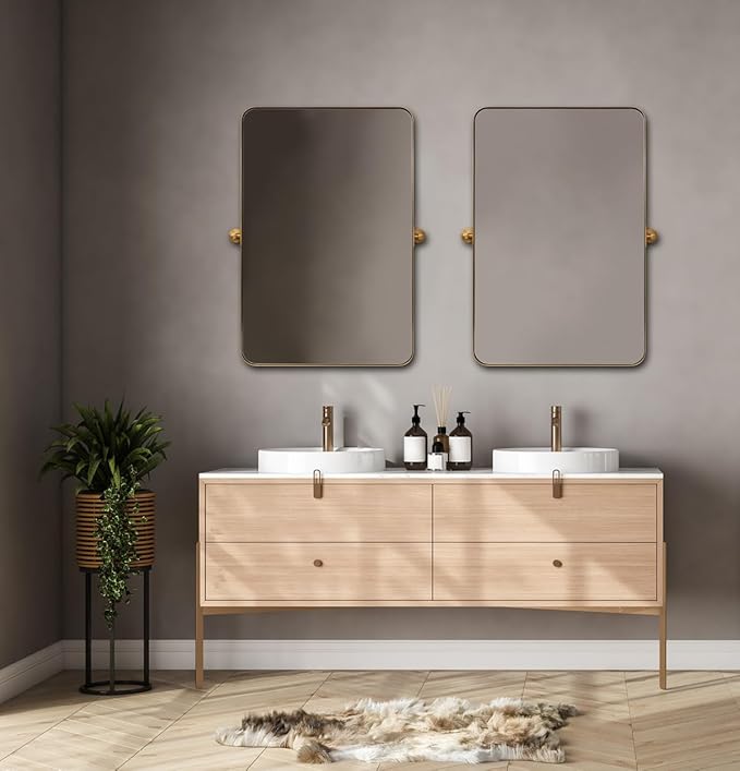 ANDY STAR 22"x34" Brushed Gold Pivot Mirror for Bathroom, Brass Metal Frame Bathroom Mirrors for Wall,Rectangle Titling Vanity Wall Mirror with Rounded Corner Design Hangs Vertically Only