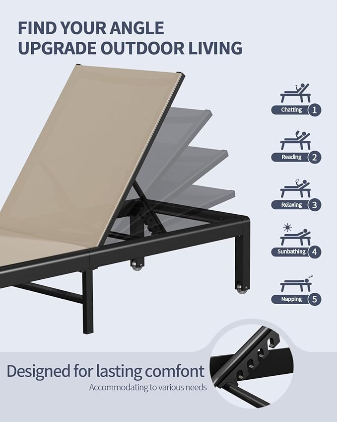 Aluminum Lounge Chairs Outdoor Chaise Furniture,2 Sets Patio Metal Deck Lounger Adjustable 5-Position Poolside Chase Recliner with Wheels for Beach,Coffee Table, (Khaki, 2 Chairs + Table)