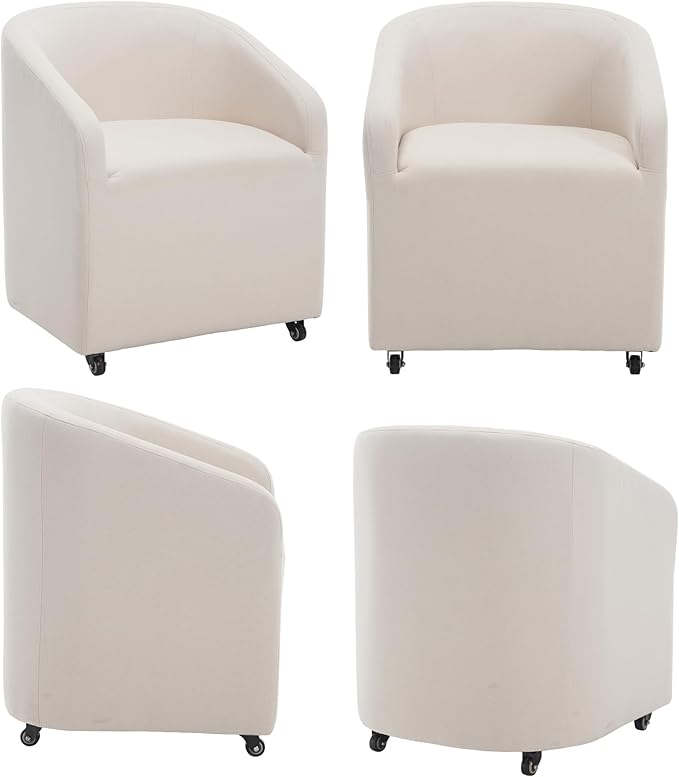 Modern White Upholstered Dining Chairs with Swivel Casters, Linen Barrel Back Accent Side Chair for Dining Room Living Room, Beige
