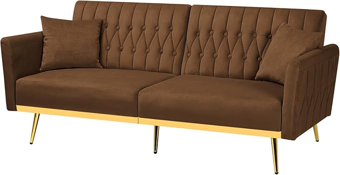 70” Velvet Futon Sofa Bed with 2 Pillows and Adjustable Armrests, Convertible Sleeper Bed W/Adjustable Backrests, Modern Loveseat for Living Room, Bedroom, Brown