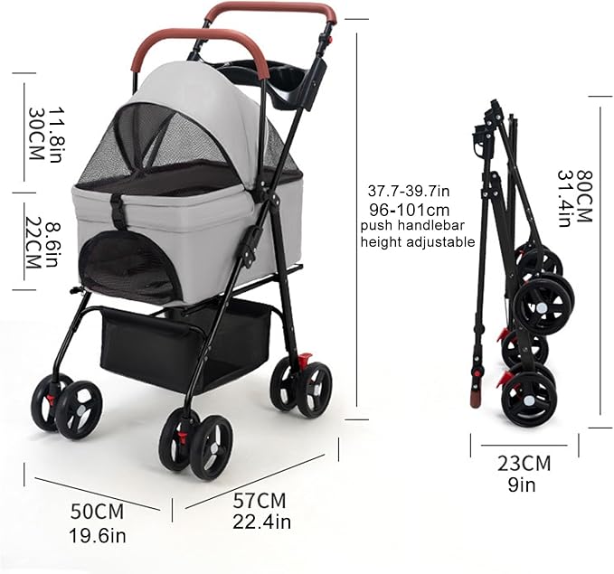 Pet Stroller,Pet Strolling Cart, 4 Wheels Dog Cat Stroller Travel Carrier with Storage Basket & Breathable Mesh Easy to Walk for Travel Shopping Walking Small/Medium Pet 1 Set