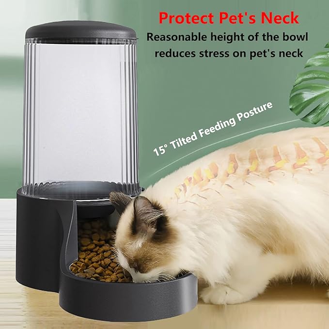 Automatic Cat Feeder, 3.8L Large Gravity Cat Food Dispenser with Detachable Top Lid, Visible Bottle and Stainless Steel Bowl for Pets (Black)