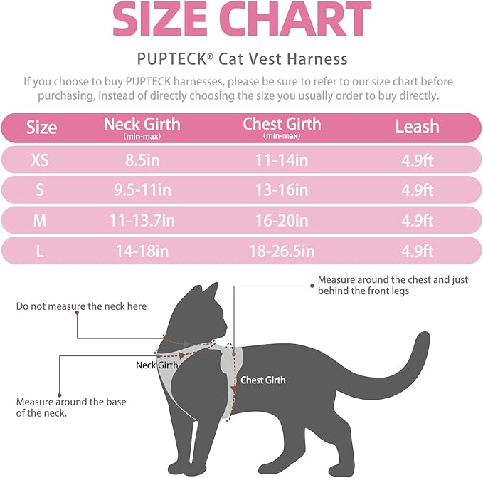 PUPTECK Cat Harness and Leash Set Escape Proof Reflective Cat Walking Harness Adjustable Soft Breathable Mesh Vest for Small Pets, Light Pink, L