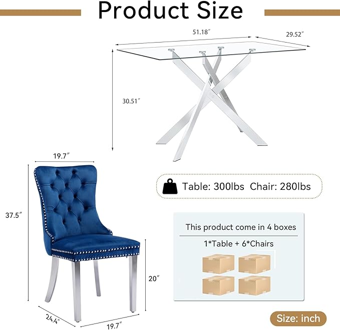 Goujxcy Glass Dining Table Set for 6, Modern Kitchen Table and Chairs Set of 6, 7-Piece Kitchen Dining Room Table Set w/51 Glass Metal Dining Table and 6 Blue Velvet Upholstered Chairs