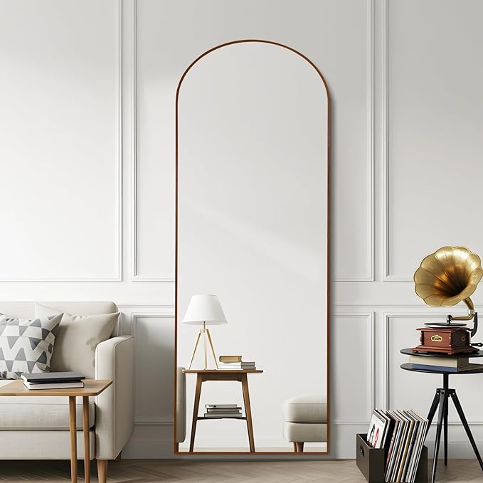 Arched 26x71 Inch Full Length Mirrors Aluminium Frame in Retro Reddish Brown Wood Looking Free Standing Floor Mirror Full Body Wall Mounted for Bedroom Living Room and Hallway